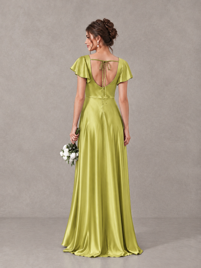 BOLODOO Chartreuse Satin Square Neck Flutter Sleeve A-Line Bridesmaid Dress with Slit - Chartreuse - Chartreuse_2