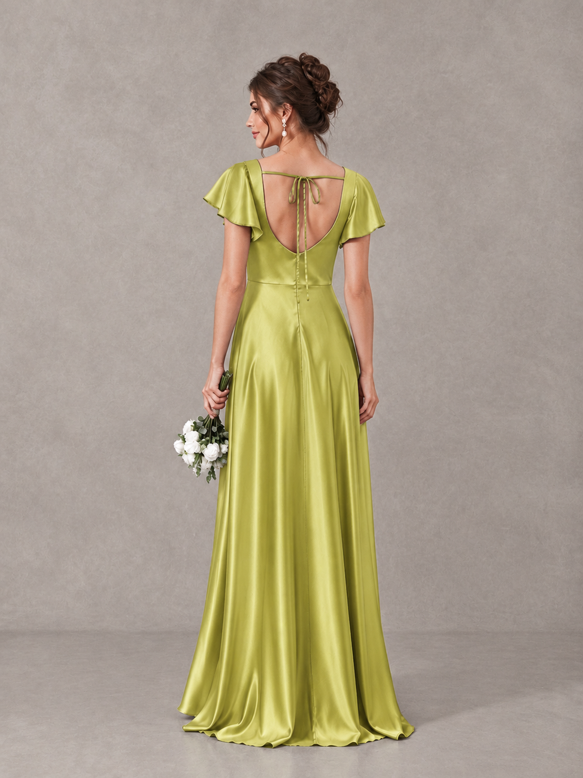 BOLODOO Chartreuse Satin Square Neck Flutter Sleeve A-Line Bridesmaid Dress with Slit - Chartreuse - Chartreuse_2