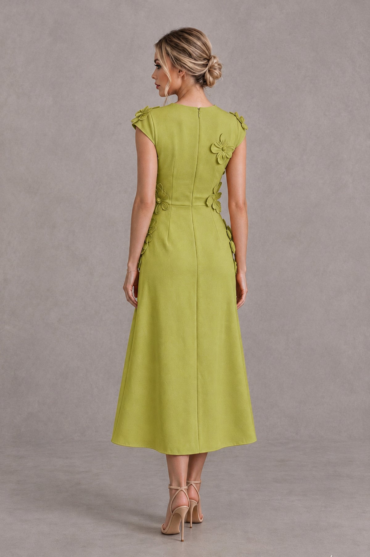 BOLODOO Chartreuse 3D Floral Cap Sleeve Midi Cocktail Dress - Chartreuse - Chartreuse_2