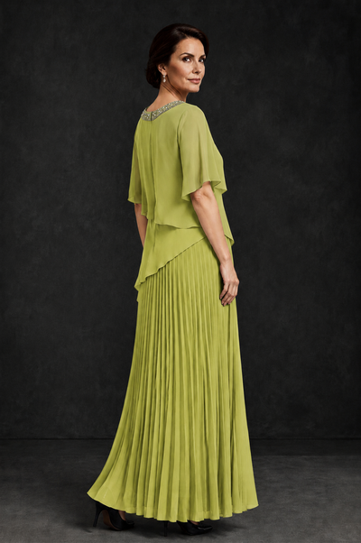 BOLODOO Chartreuse Pearl Beaded Neck Asymmetric Tiered Flutter Sleeve Pleated Chiffon Maxi Dress - Chartreuse - Chartreuse_2