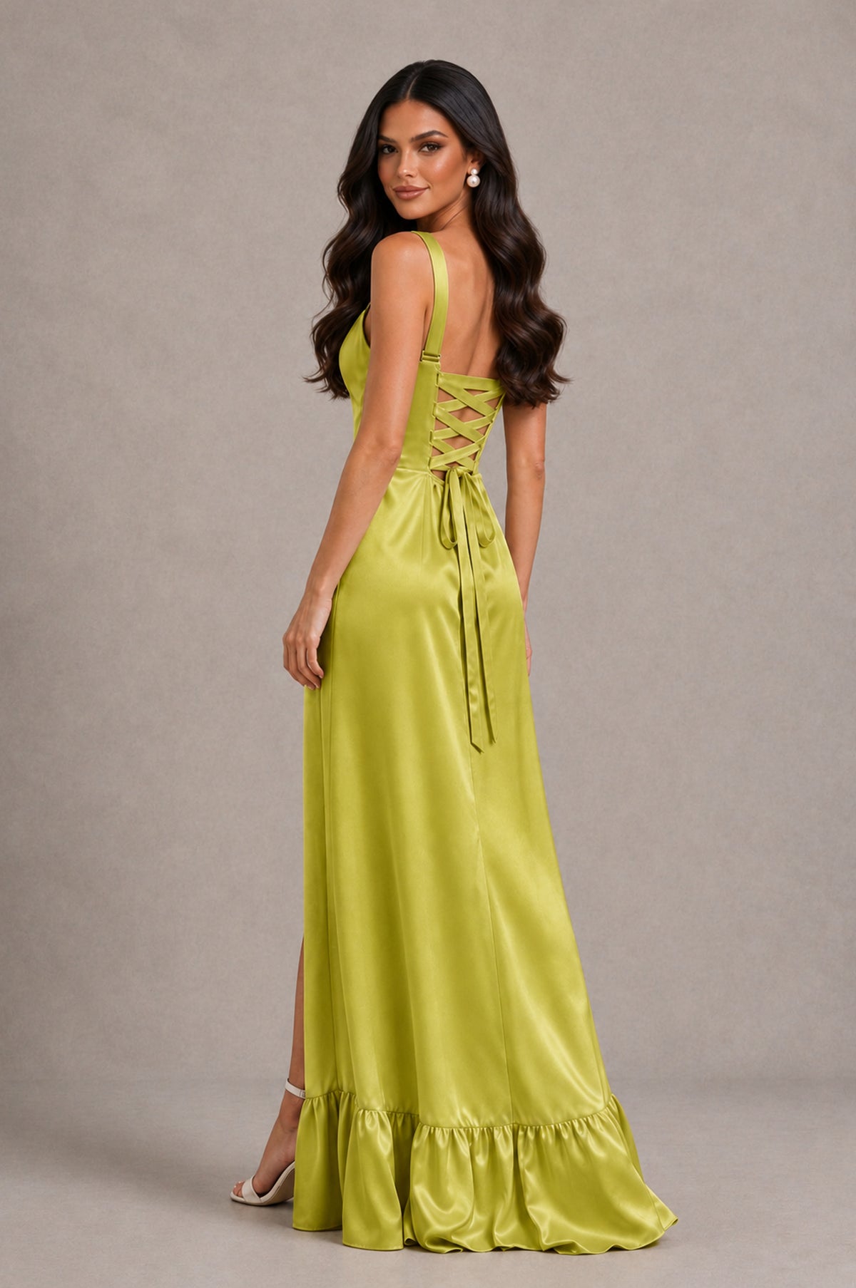 BOLODOO Chartreuse Square Neck Satin Evening Dress with Lace-Up Back and High Slit - Chartreuse - Chartreuse_2