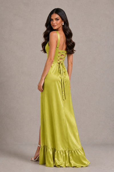 BOLODOO Chartreuse Square Neck Satin Evening Dress with Lace-Up Back and High Slit - Chartreuse - Chartreuse_2