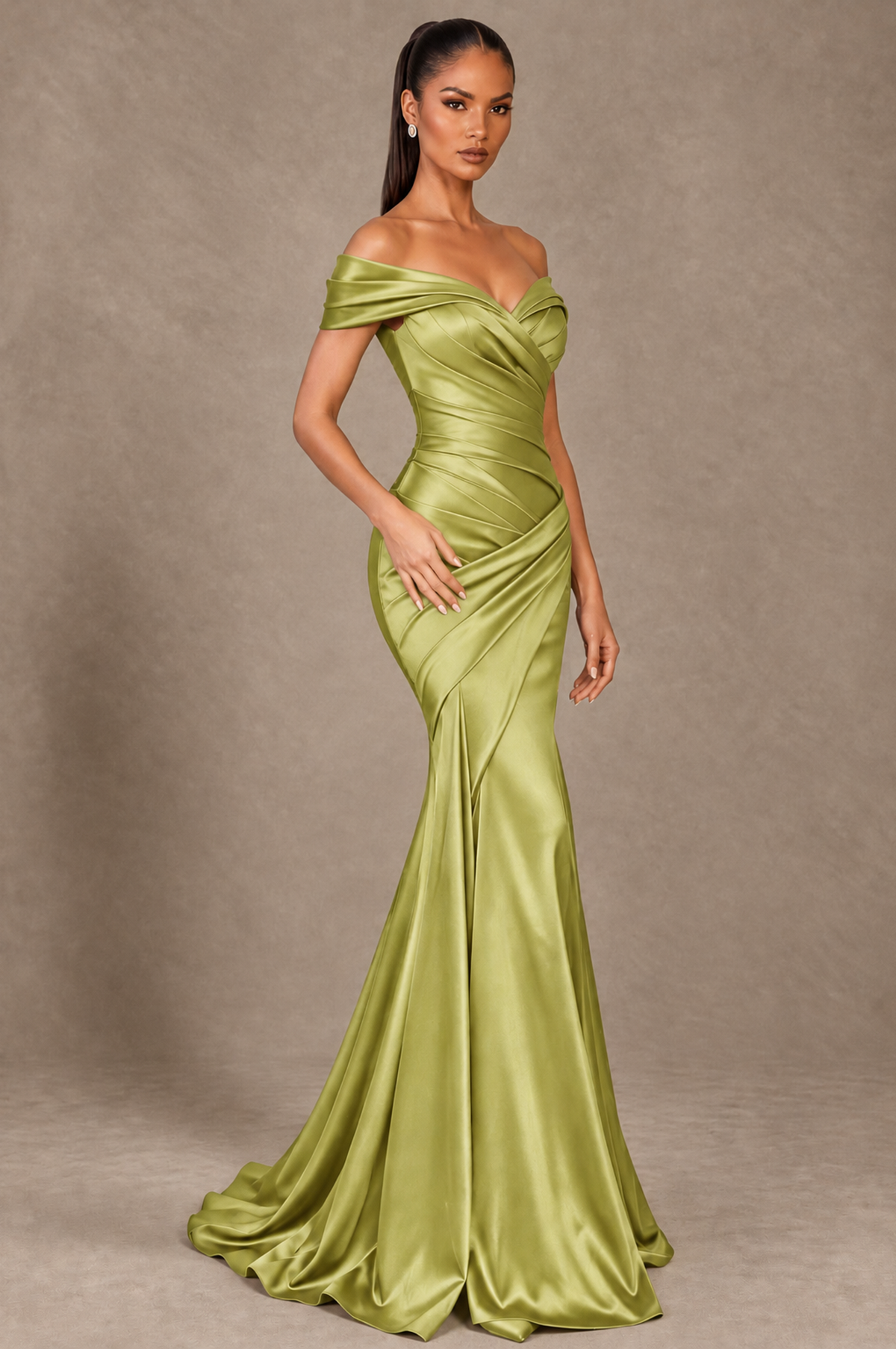 BOLODOO Chartreuse Off-the-Shoulder Ruched Satin Mermaid Evening Dress - Chartreuse - Chartreuse_2