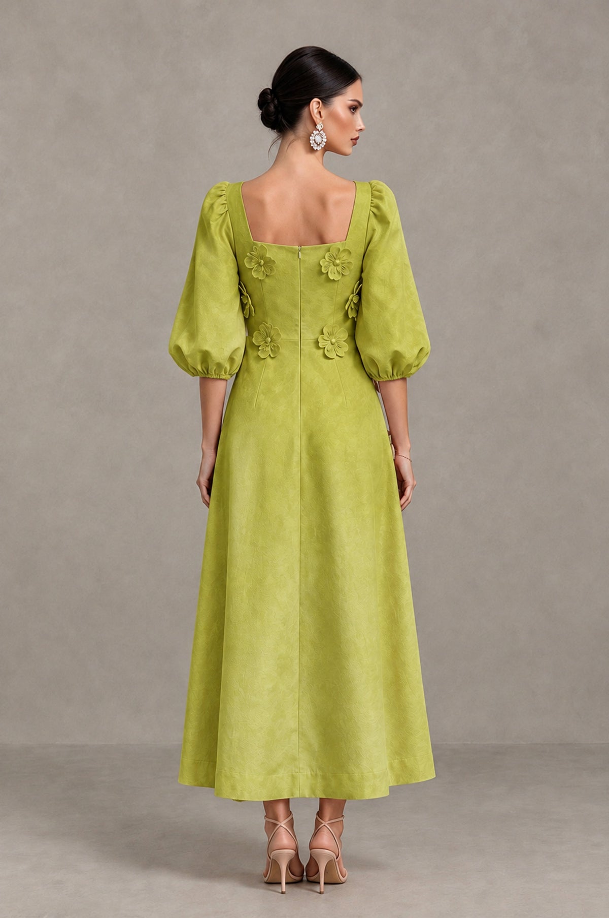 BOLODOO Chartreuse 3D Floral Puff Sleeve Midi Cocktail Dress - Chartreuse - Chartreuse_2