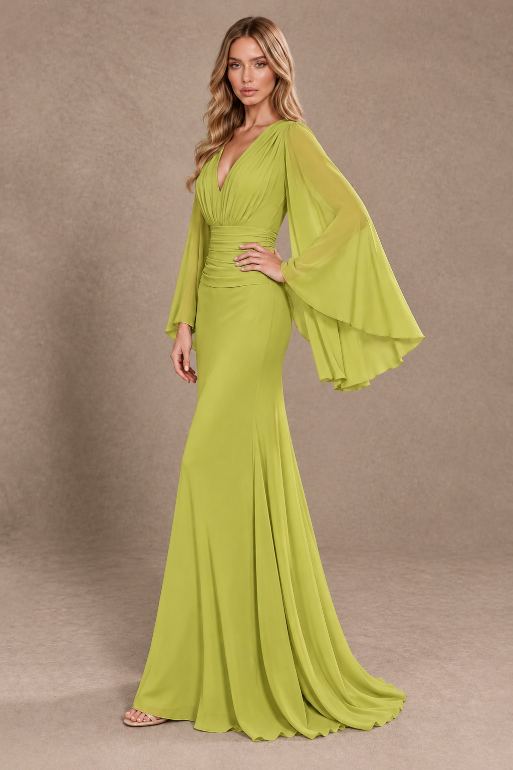 BOLODOO Chartreuse Cape Sleeve V-Neck Ruched Chiffon Evening Dress - Chartreuse - Chartreuse_2