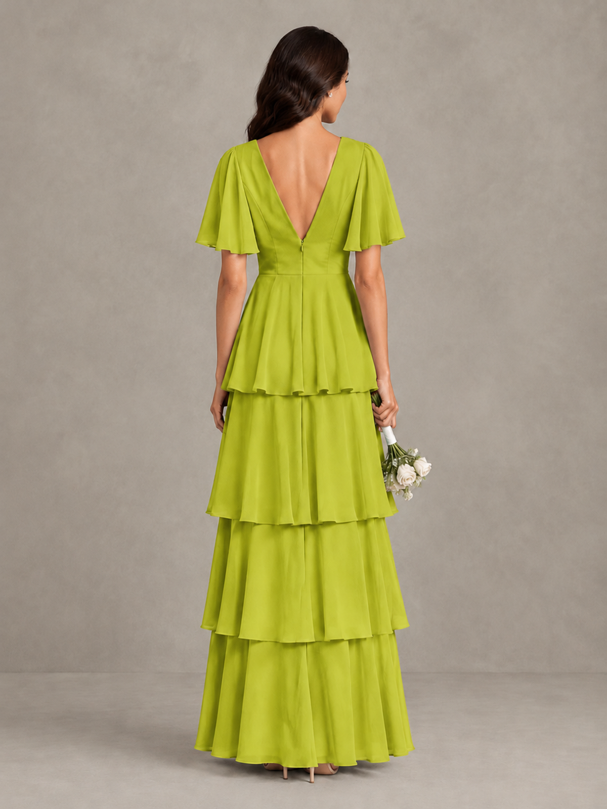 BOLODOO Chartreuse Tiered Flutter Sleeve Bridesmaid Dress - Chartreuse - Chartreuse_2