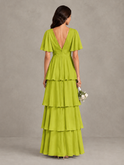 BOLODOO Chartreuse Tiered Flutter Sleeve Bridesmaid Dress - Chartreuse - Chartreuse_2