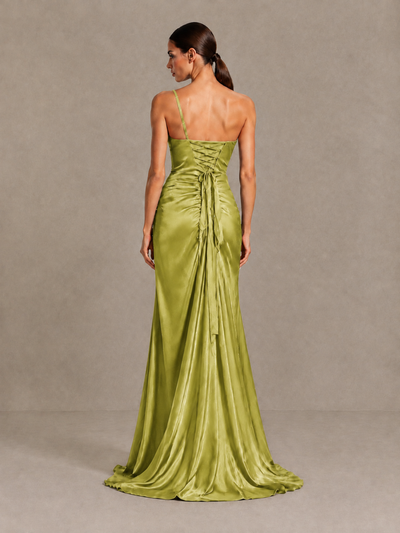 BOLODOO Chartreuse One Shoulder Satin Evening Gown with High Slit and Sweep Train - Chartreuse - Chartreuse_2