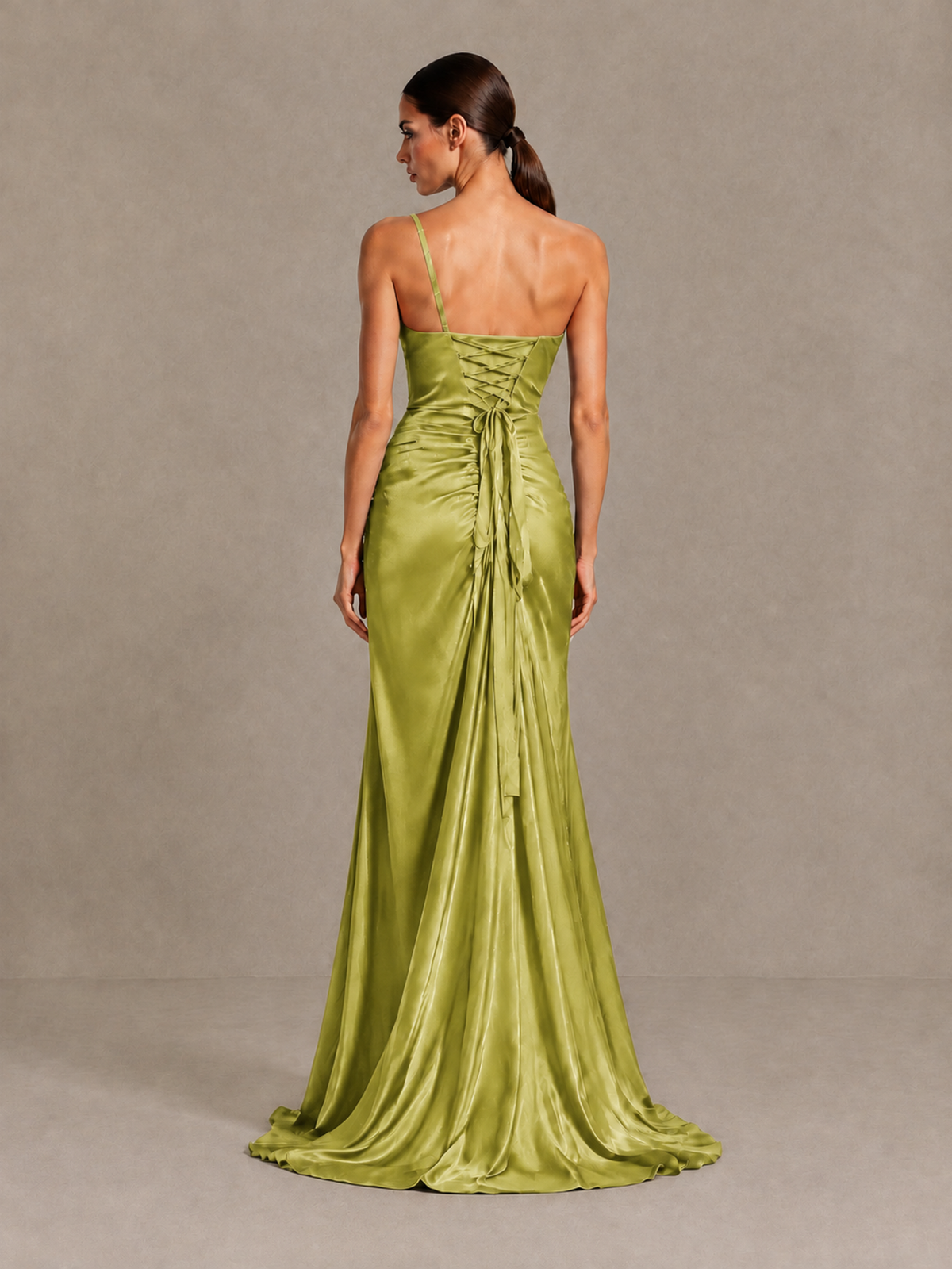 BOLODOO Chartreuse One Shoulder Satin Evening Gown with High Slit and Sweep Train - Chartreuse - Chartreuse_2