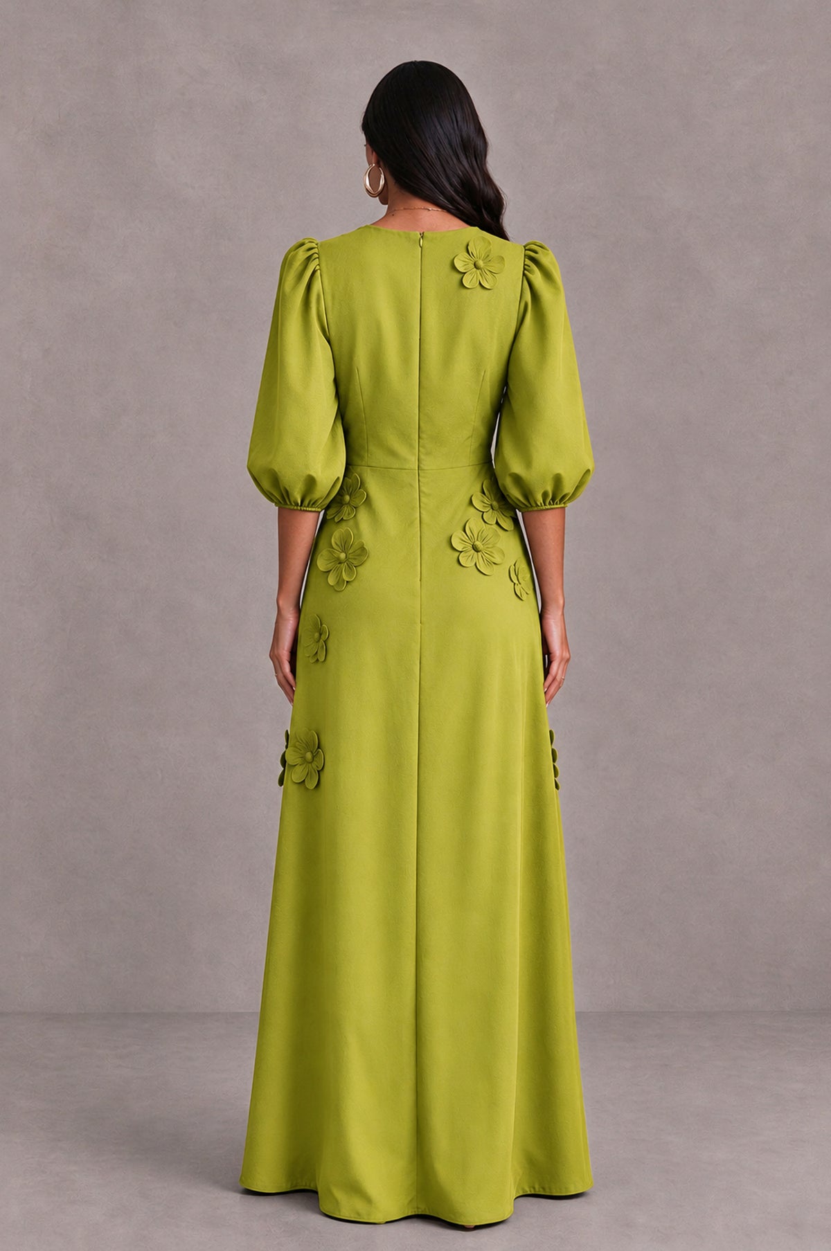 BOLODOO Chartreuse Floral Applique Puff Sleeve A-Line Evening Dress - Chartreuse - Chartreuse_2