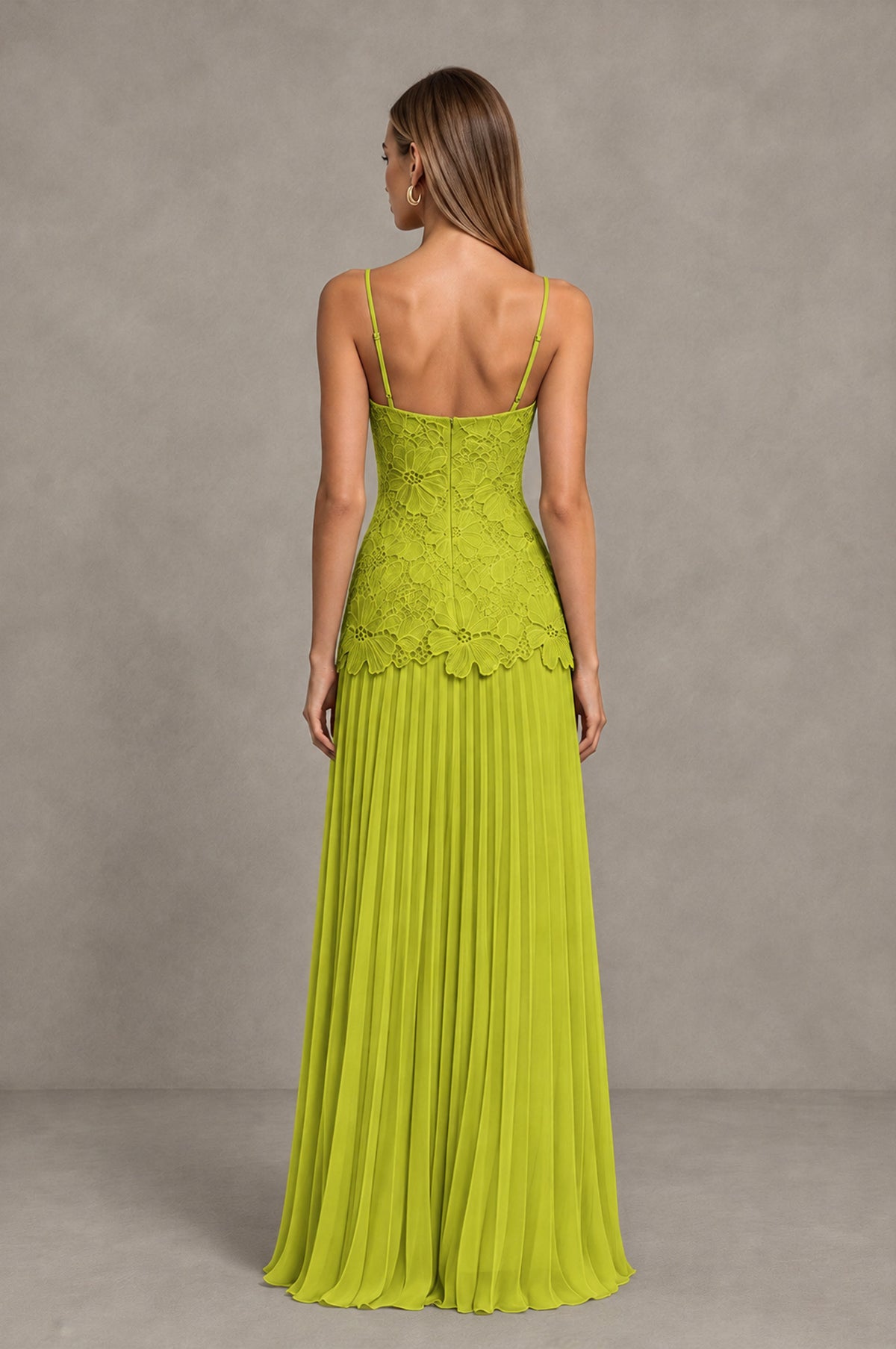 BOLODOO Chartreuse Lace Bodice Pleated Wedding Guest Dress - Chartreuse - Chartreuse_2