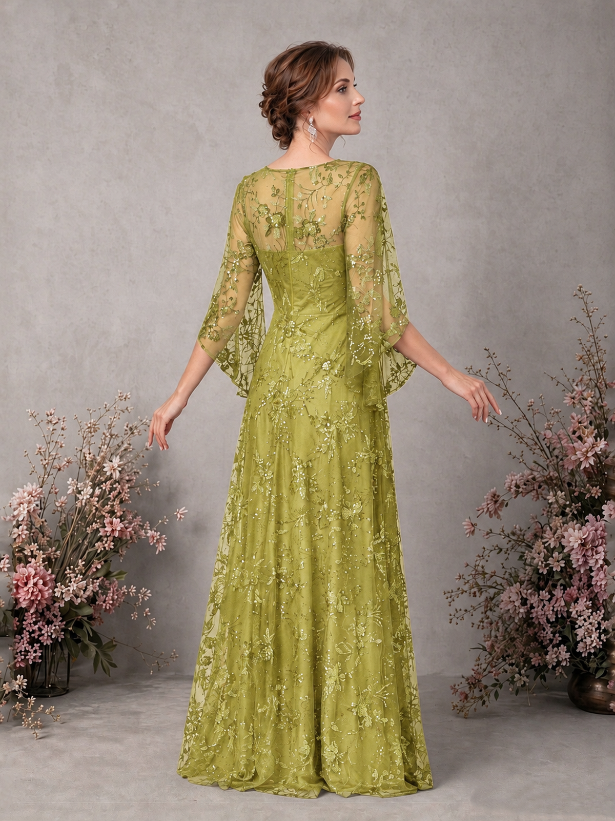 BOLODOO Chartreuse Sequin Lace Cape Sleeve Formal Evening Gown - Chartreuse - Chartreuse_2