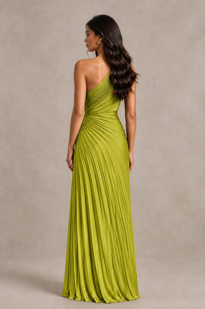 BOLODOO Chartreuse One Shoulder Pleated Evening Dress with Ruched Waist and High Slit - Chartreuse - Chartreuse_2