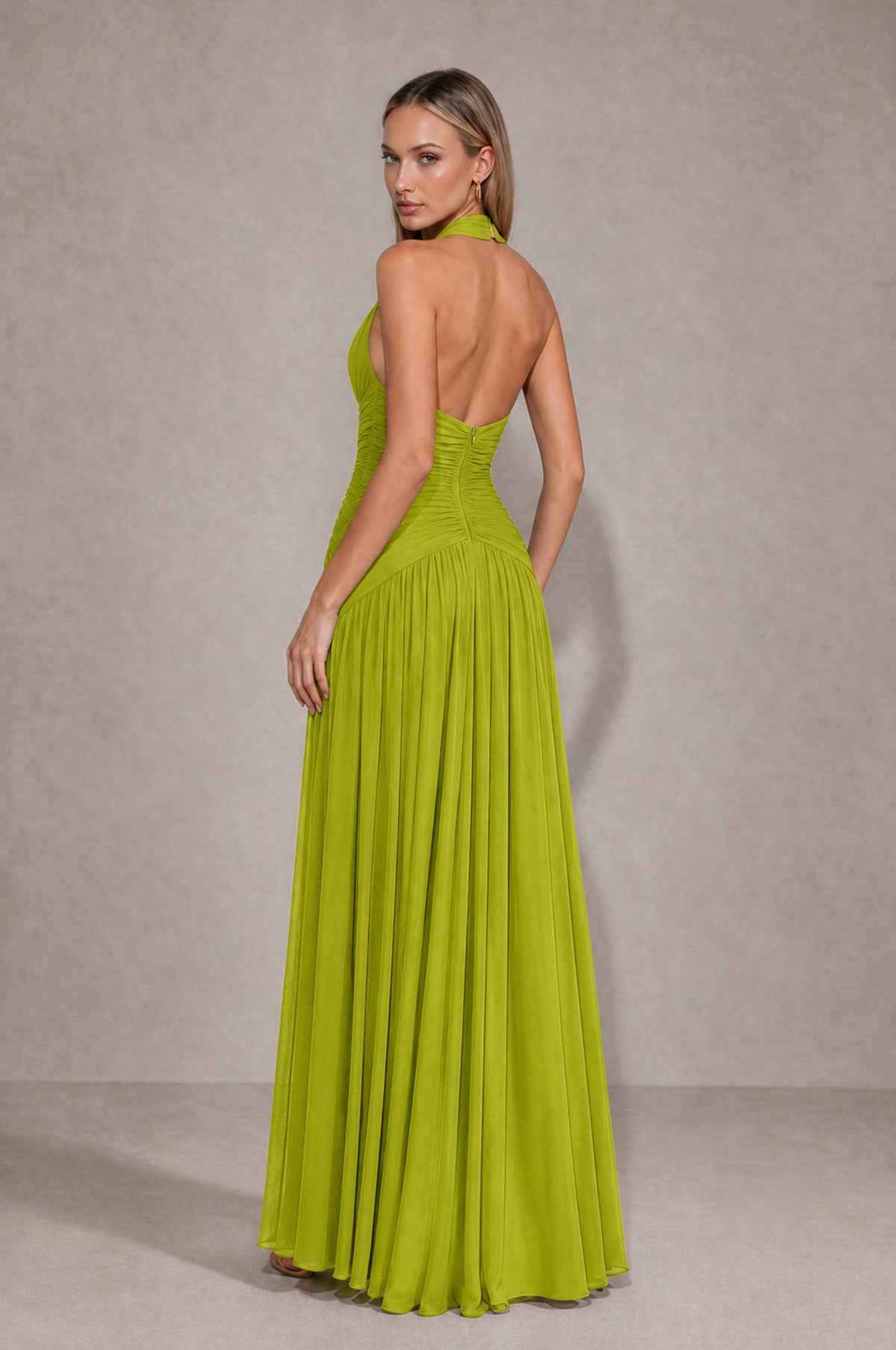 BOLODOO Chartreuse Chiffon Halter Deep V-Neck Ruched A-Line Backless Maxi Dress with Train-BD0167 - Chartreuse - Chartreuse_2
