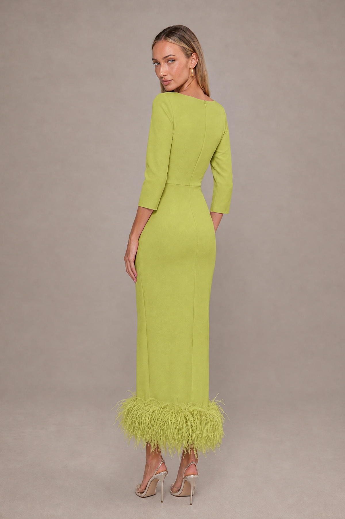 BOLODOO Chartreuse Feather-Trim Twist-Waist Midi Dress - Chartreuse - Chartreuse_2