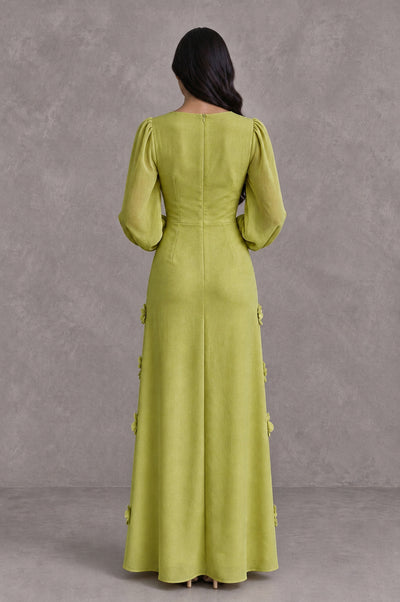 BOLODOO Chartreuse Long Sleeve Floral Applique A-Line Evening Dress - Chartreuse - Chartreuse_2