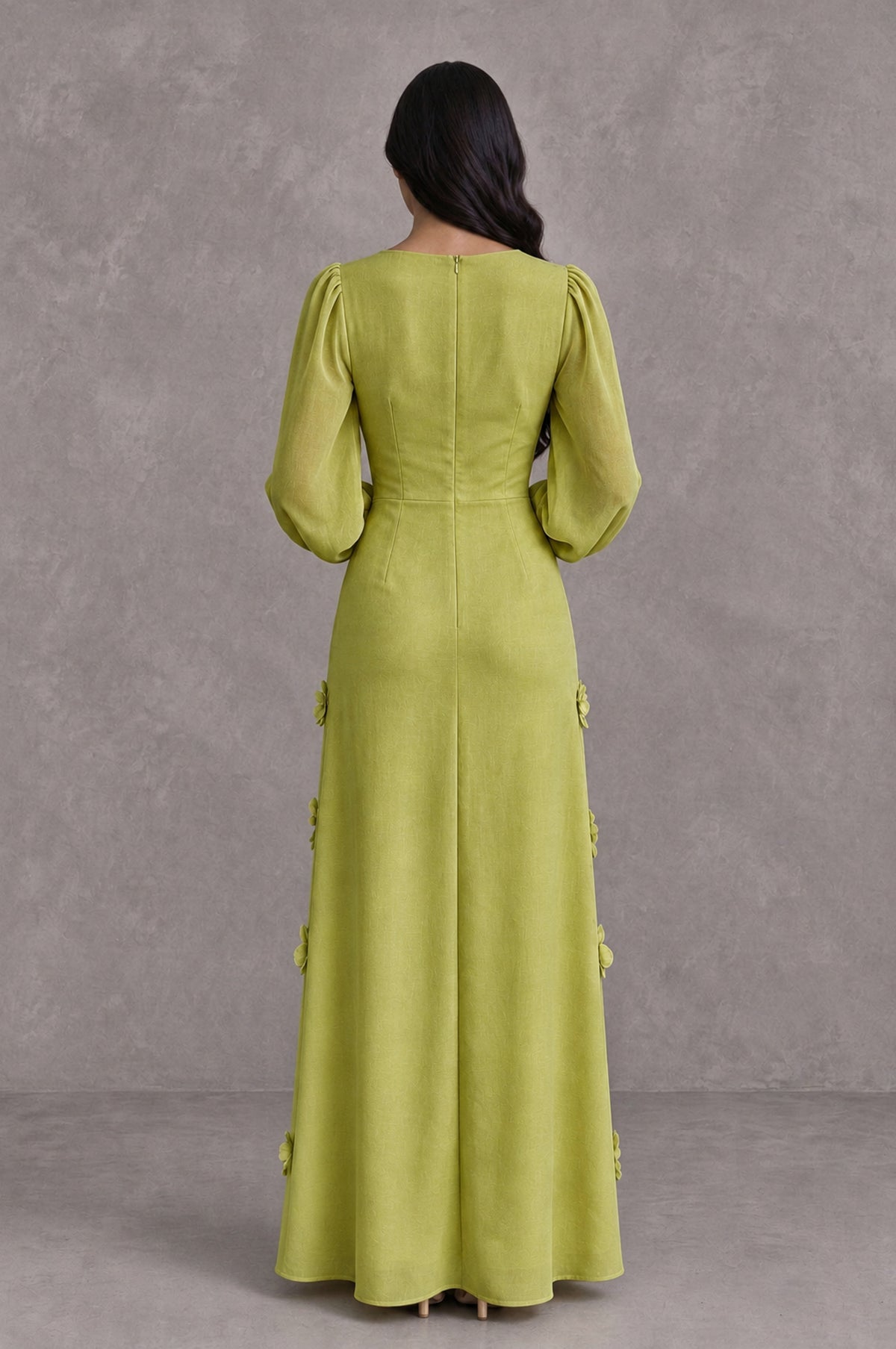 BOLODOO Chartreuse Long Sleeve Floral Applique A-Line Evening Dress - Chartreuse - Chartreuse_2