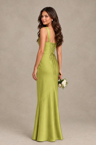 BOLODOO Chartreuse Square Neck Ruched Satin Lace-Up Bridesmaid Dress - Chartreuse - Chartreuse_2