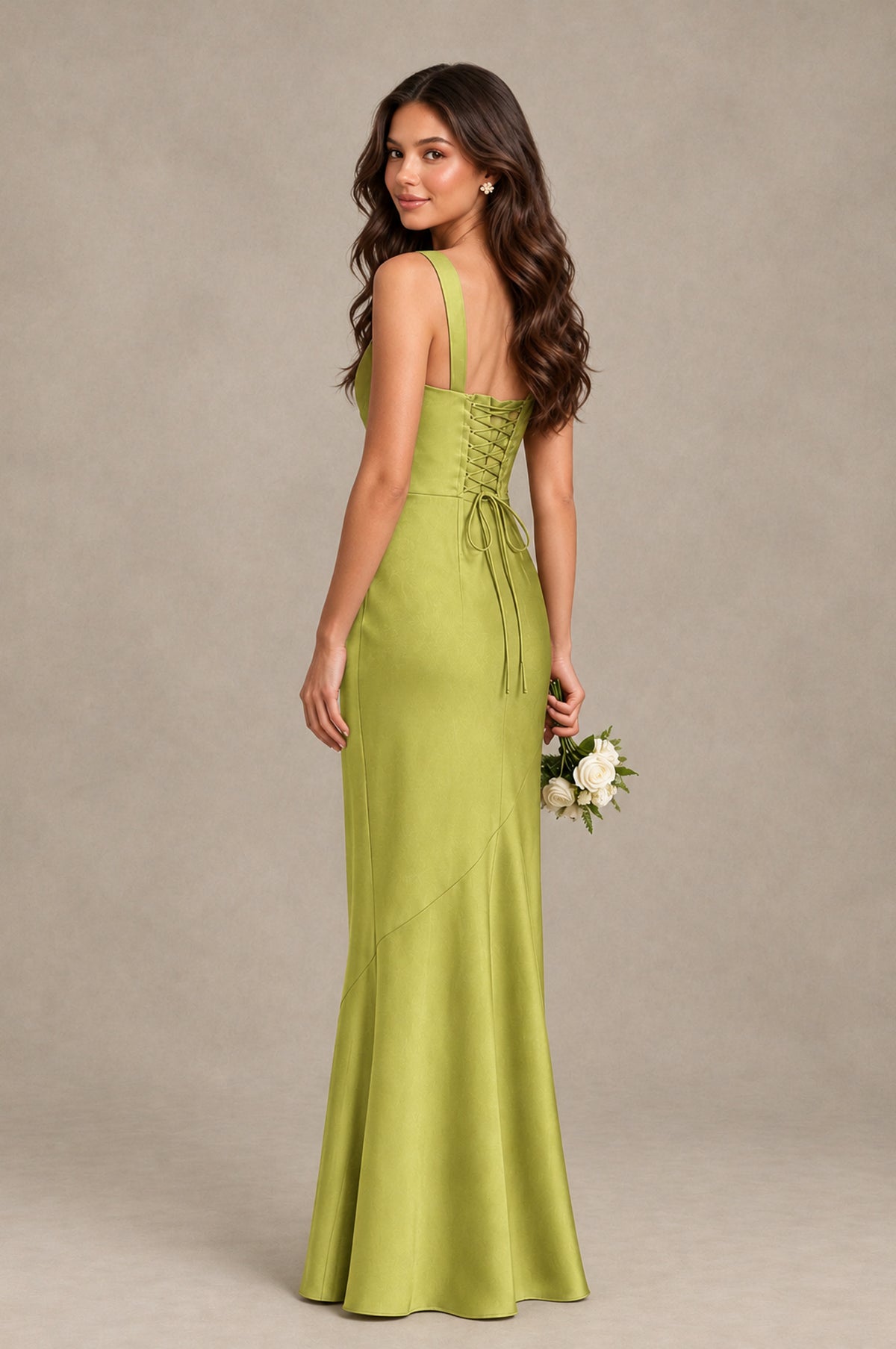 BOLODOO Chartreuse Square Neck Ruched Satin Lace-Up Bridesmaid Dress - Chartreuse - Chartreuse_2