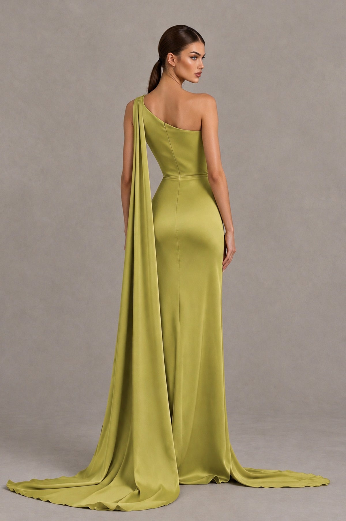 BOLODOO Chartreuse One Shoulder Satin Evening Dress with High Slit and Draped Cape Train - Chartreuse - Chartreuse_2