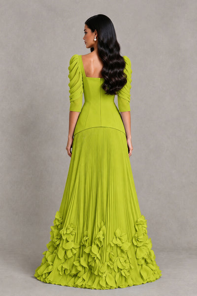 BOLODOO Chartreuse Square Neck Pleated Floral Applique Evening Dress - Chartreuse - Chartreuse_2