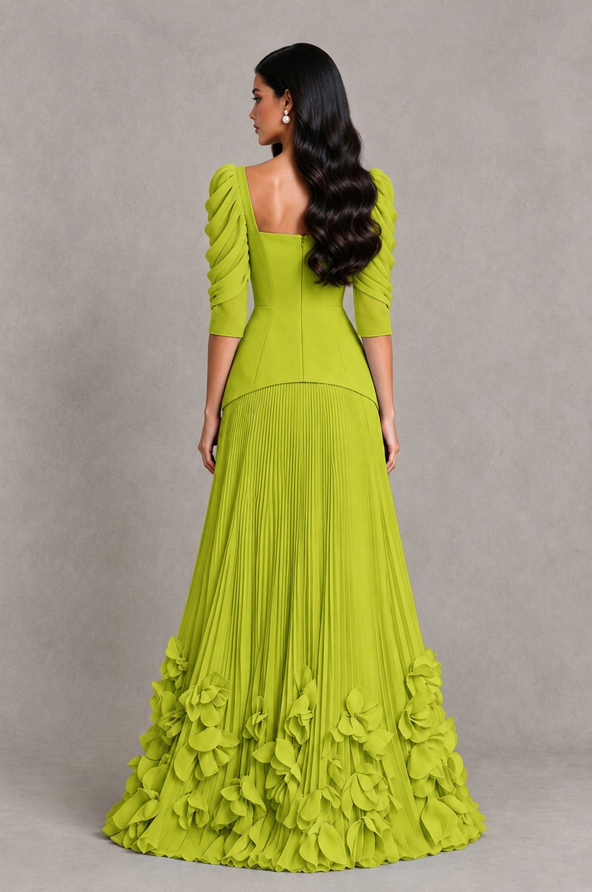BOLODOO Chartreuse Square Neck Pleated Floral Applique Evening Dress - Chartreuse - Chartreuse_2