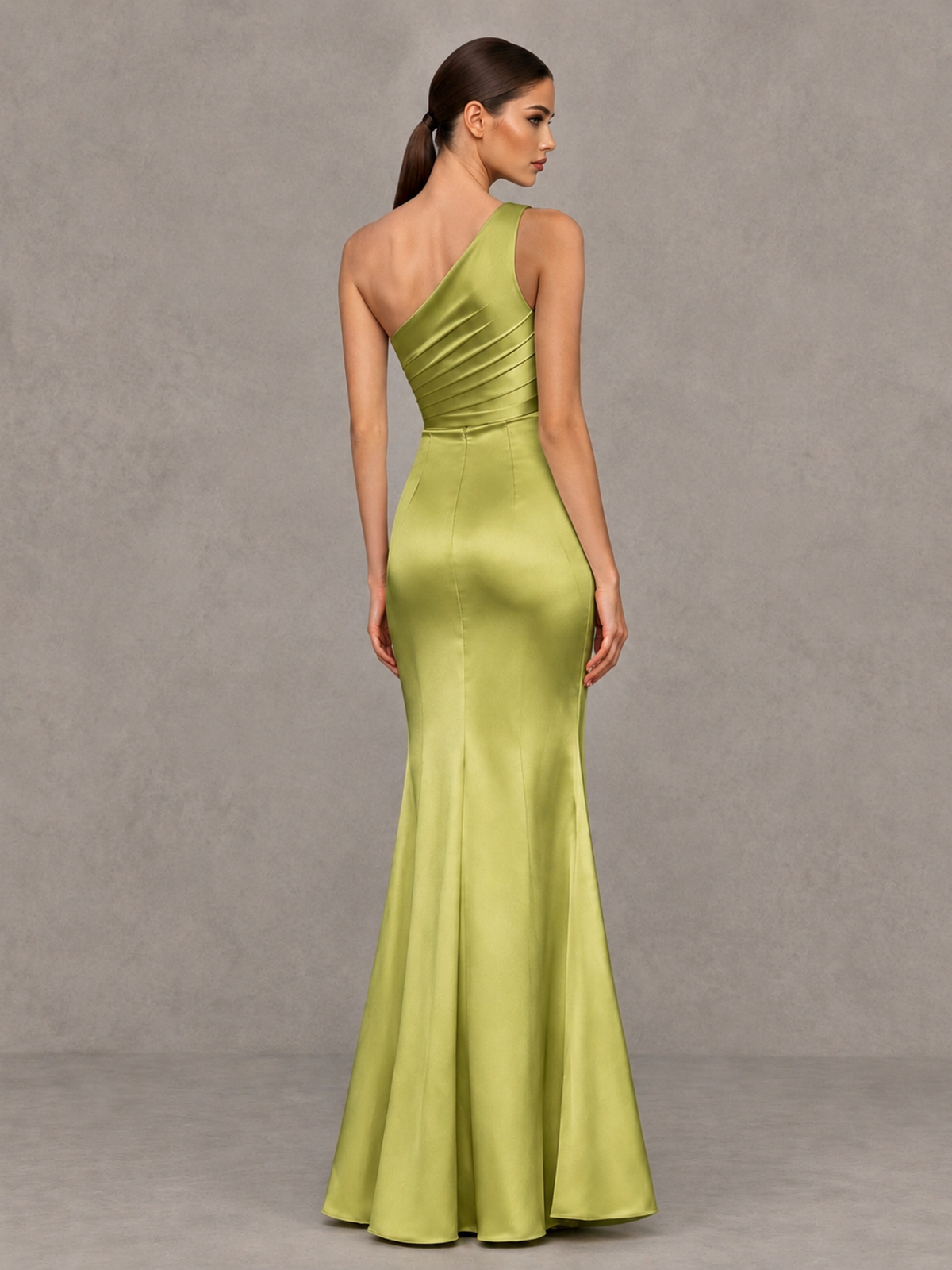 BOLODOO Chartreuse One-Shoulder Ruched Satin-Look Evening Gown with High Slit - Chartreuse - Chartreuse_2