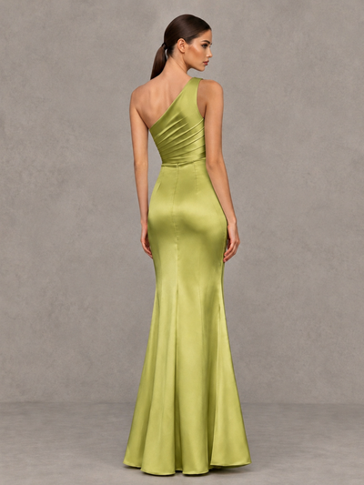 BOLODOO Chartreuse One-Shoulder Ruched Satin-Look Evening Gown with High Slit - Chartreuse - Chartreuse_2