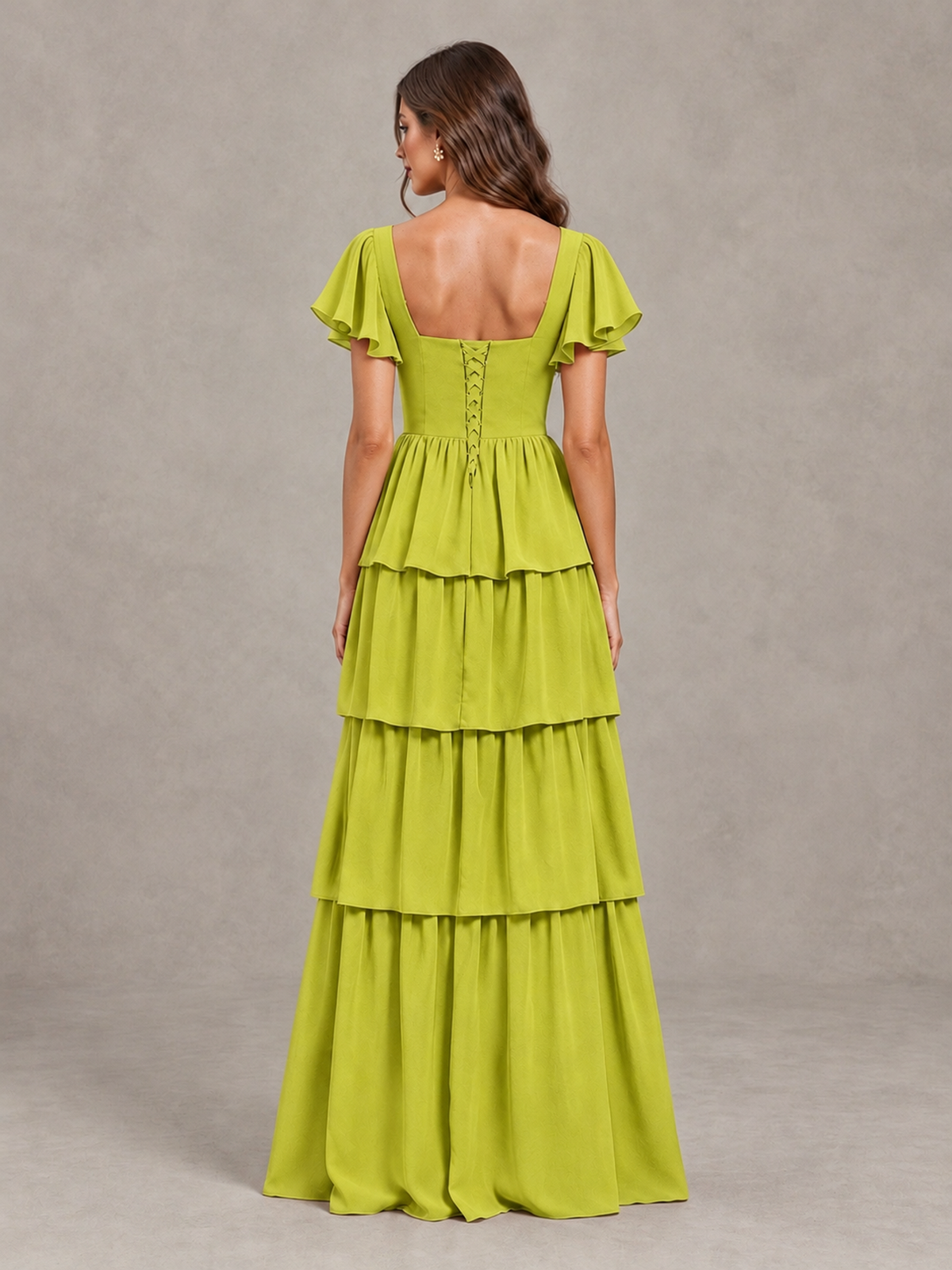 BOLODOO Chartreuse Flutter Sleeve Tiered Maxi Bridesmaid Dress - Chartreuse - Chartreuse_2