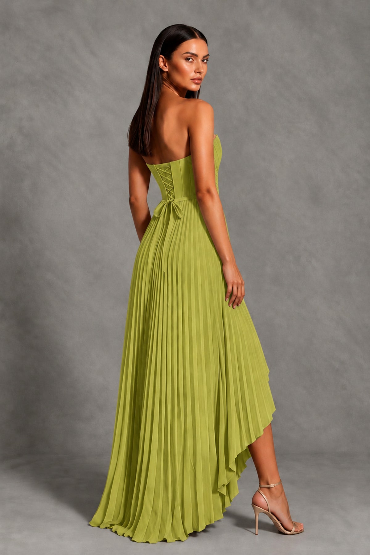 Chartreuse Strapless Pleated High-Low Evening Gown with Ruffle Hem - Chartreuse - Chartreuse_2