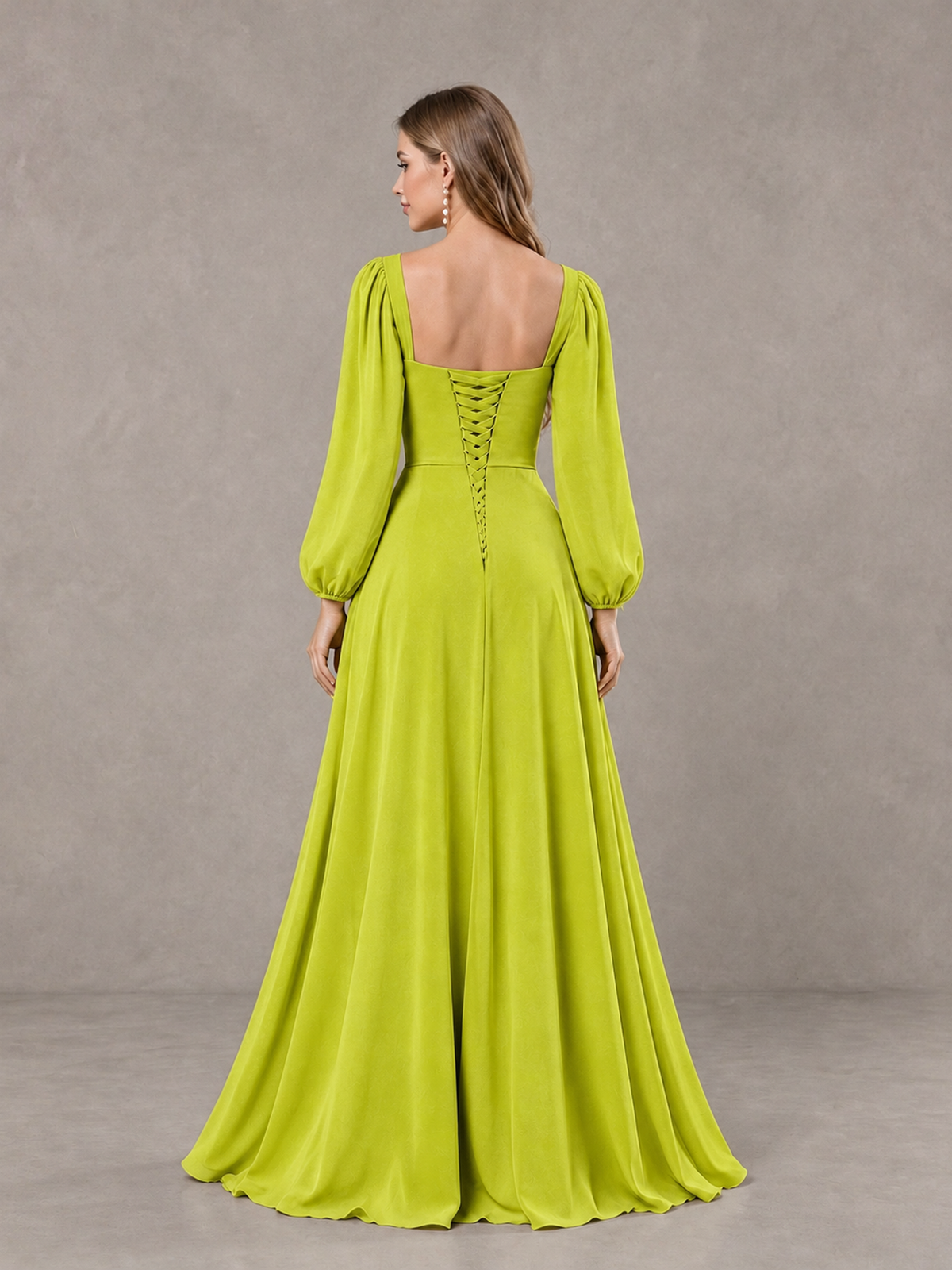 BOLODOO Chartreuse Square Neck Long Sleeve Bridesmaid Dress with Ruffle Slit - Chartreuse - Chartreuse_2