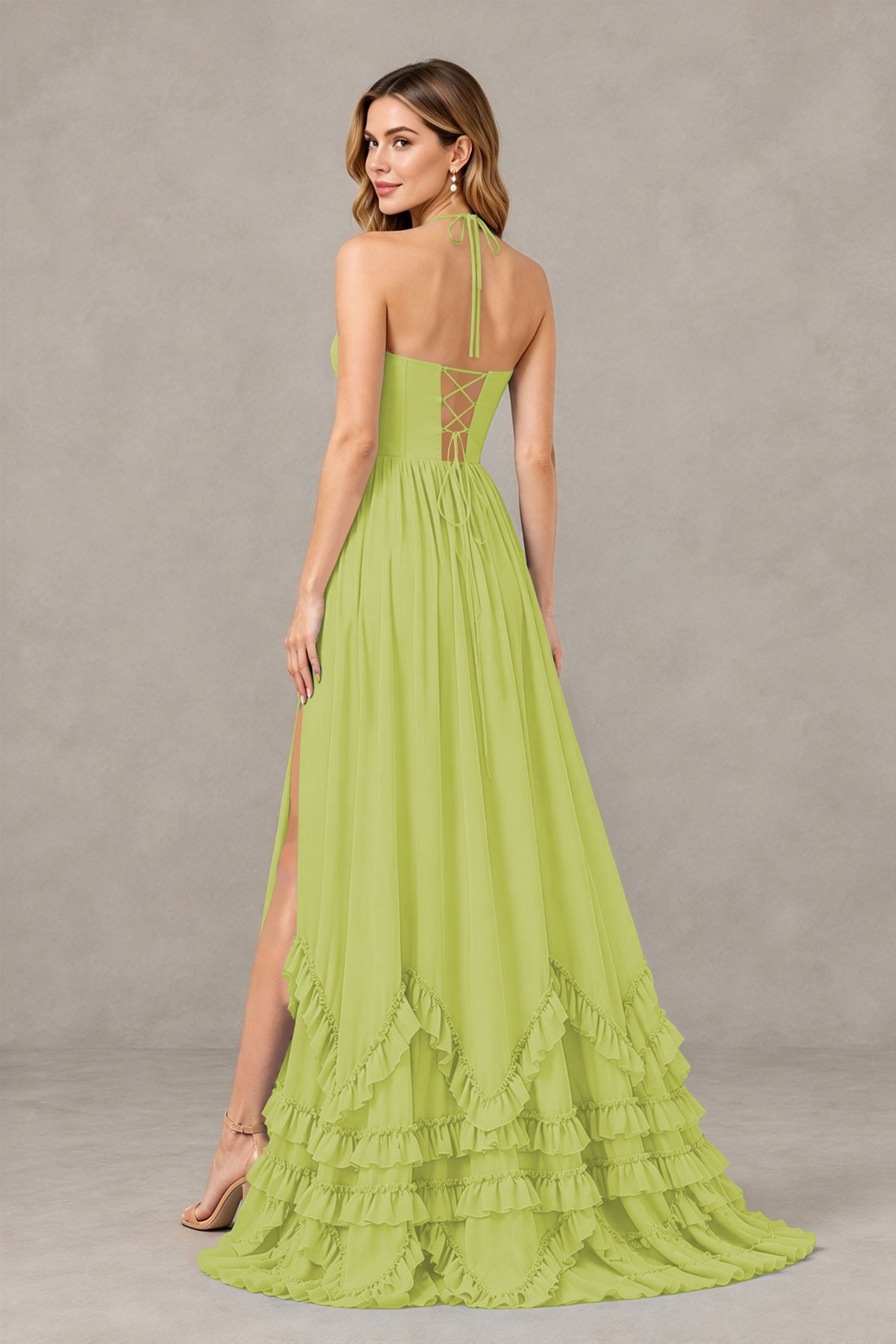 BOLODOO Chartreuse Halter Ruffle Hem A-Line Bridesmaid Dress with High Slit - Chartreuse - Chartreuse(2)