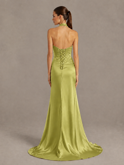 BOLODOO Chartreuse Halter Satin Evening & Prom Dress with High Slit - Chartreuse - Chartreuse_2