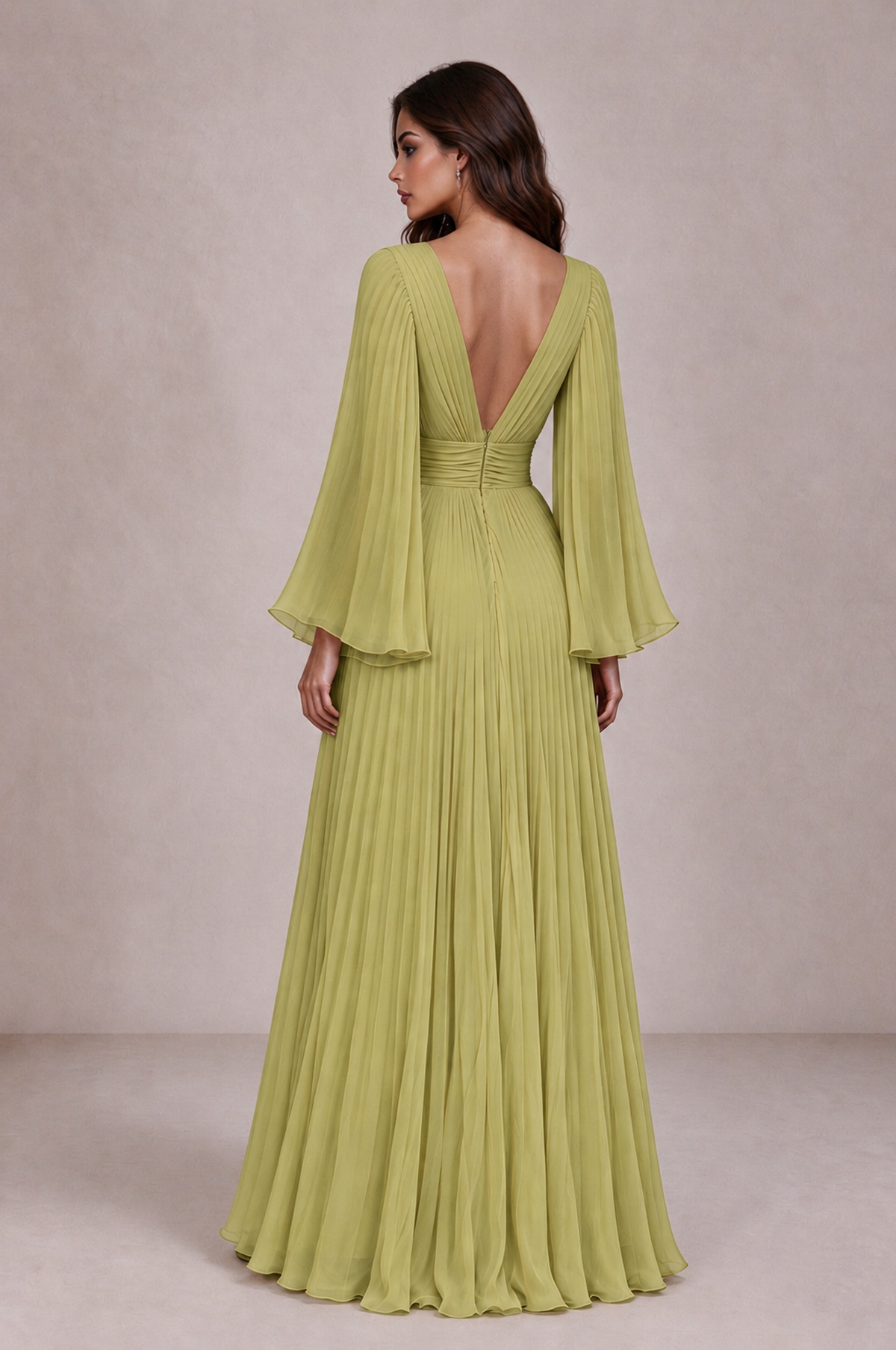 BOLODOO Chartreuse Pleated Deep V-Neck Long Bell Sleeve Evening Dress - Chartreuse - Chartreuse_2