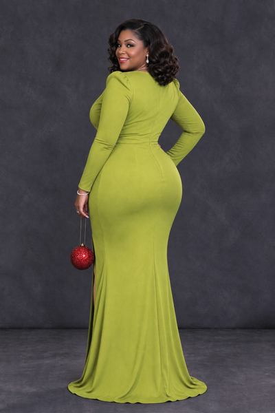 BOLODOO Chartreuse Plus Size Long Sleeve V-Neck Mother of the Bride Dress with Slit - Chartreuse - Chartreuse_2