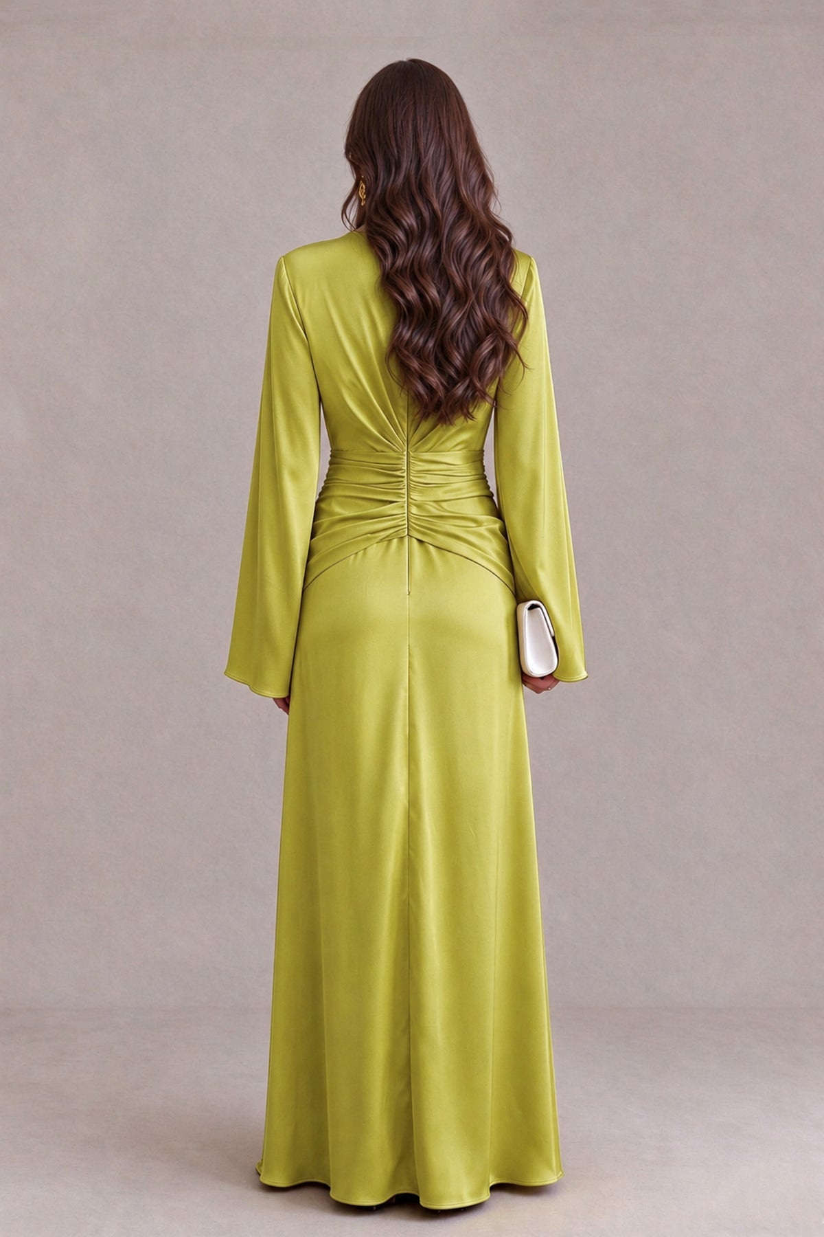 BOLODOO Chartreuse Yellow Satin-Look V-Neck Long Bell Sleeve Evening Dress - Chartreuse - Chartreuse_2