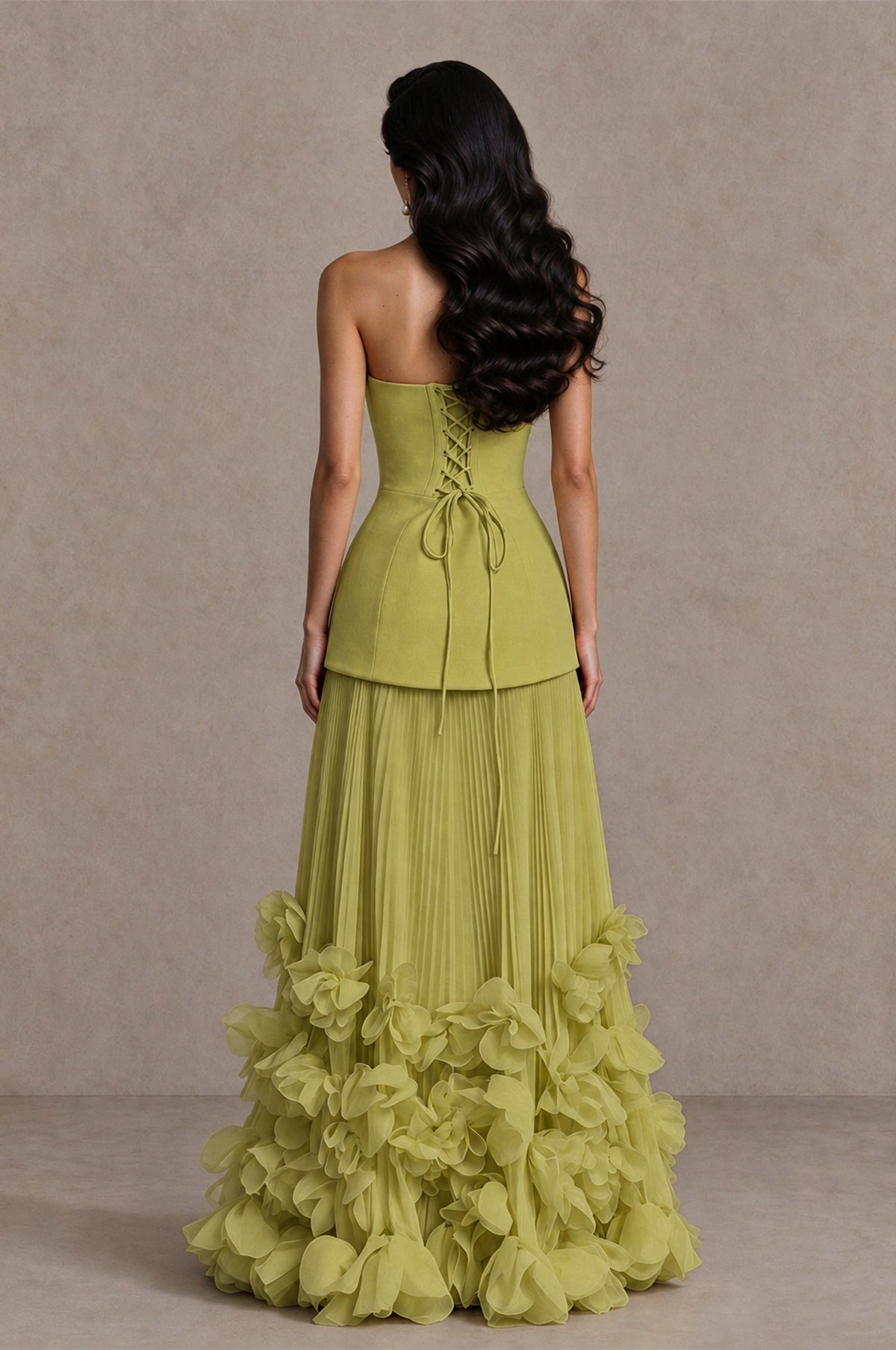 BOLODOO Chartreuse Strapless Pleated Floral Hem Evening Gown - Chartreuse - Chartreuse_2