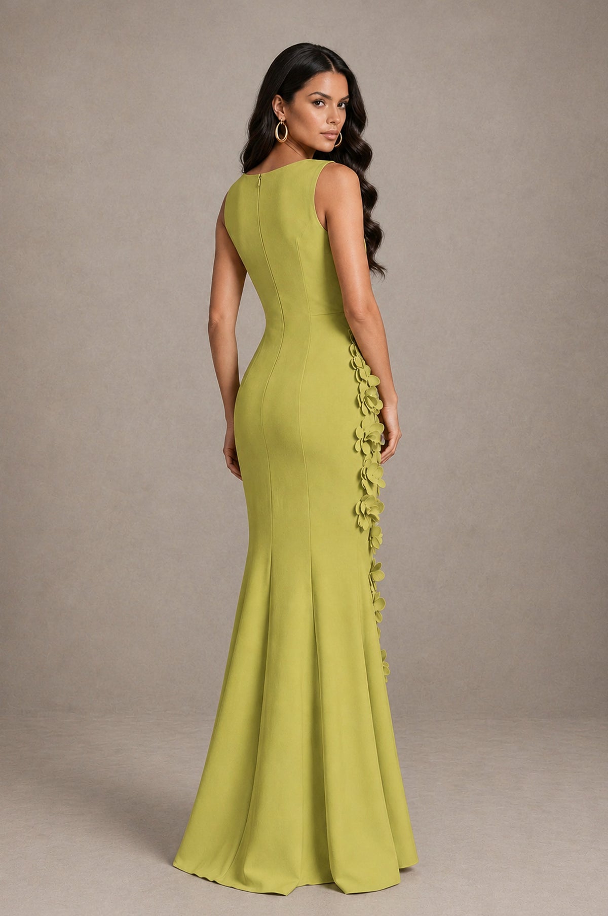 BOLODOO Chartreuse Bateau Neck Sleeveless Asymmetric Peplum 3D Petal Appliqué Mermaid Gown BD0421 - Chartreuse - Chartreuse_2