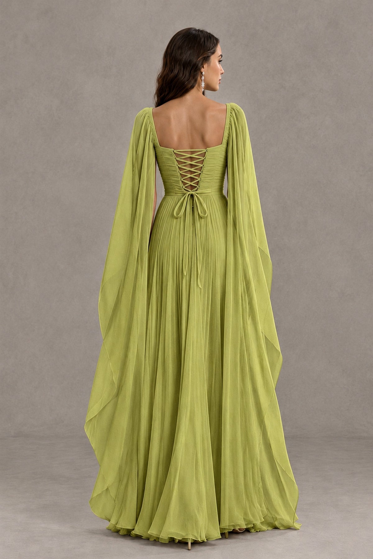 BOLODOO Chartreuse Square Neck Cape Sleeve A-Line Evening Dress - Chartreuse - Chartreuse_2