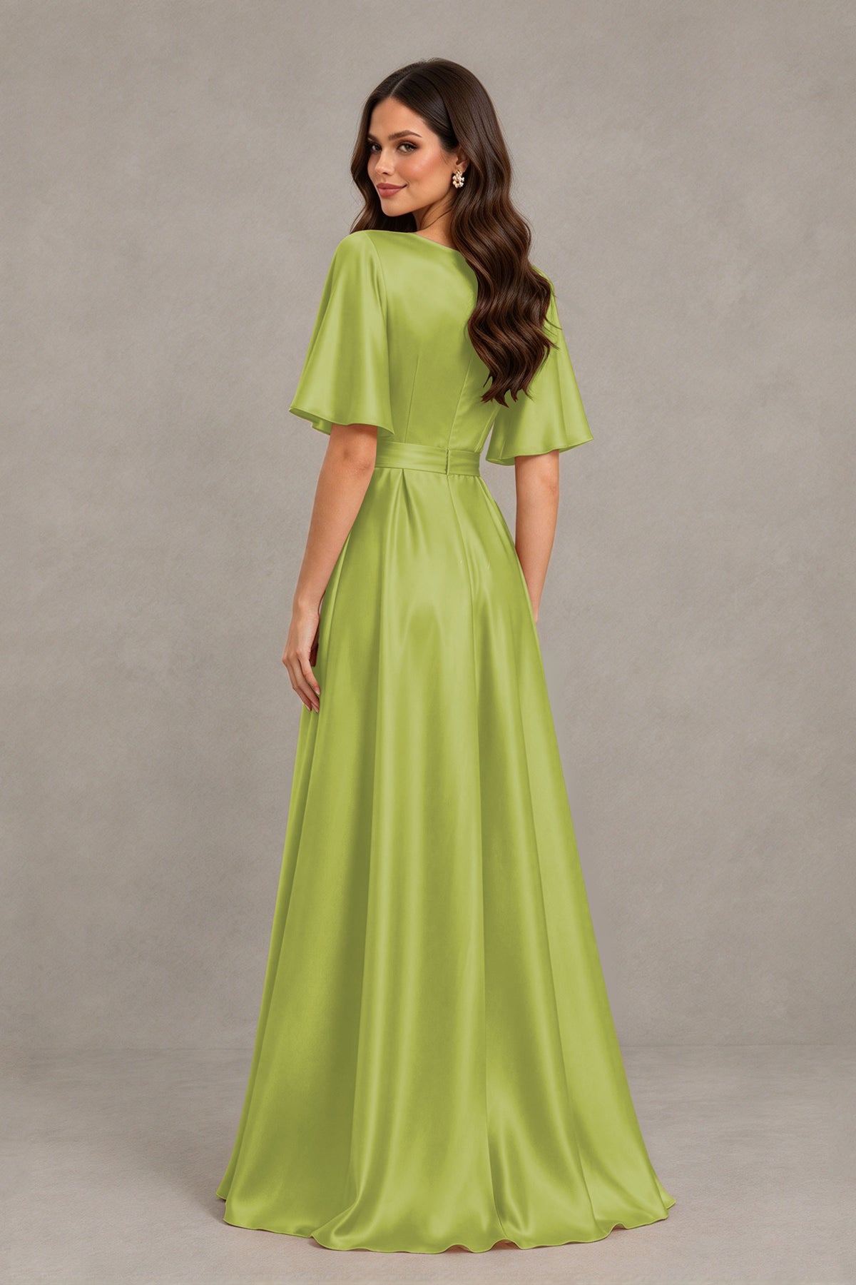 BOLODOO Chartreuse Satin V-Neck Flutter Sleeve Bridesmaid Dress with Slit - Chartreuse - Chartreuse(2)