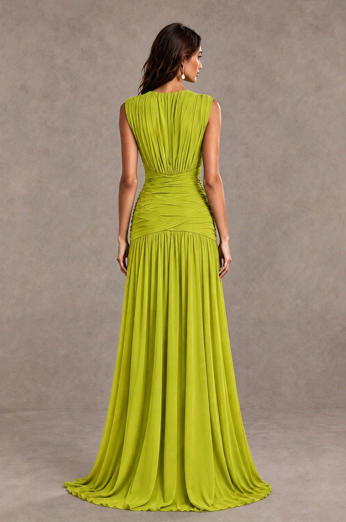 BOLODOO Chartreuse V-Neck Ruched Wedding Guest Dress - Chartreuse - Chartreuse_2