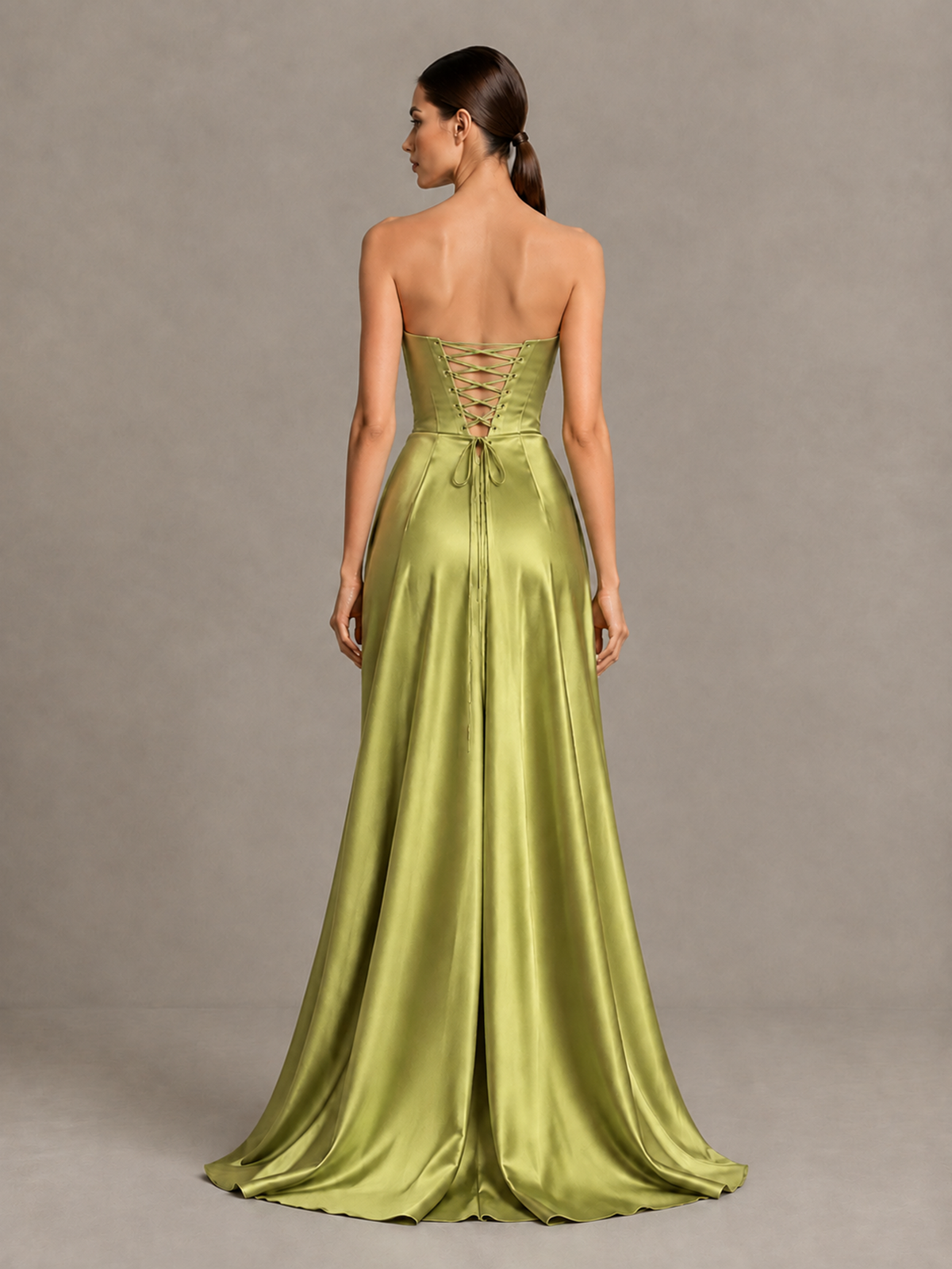 BOLODOO Chartreuse Strapless Satin High-Slit Lace-Up Prom Dress - Chartreuse - Chartreuse_2