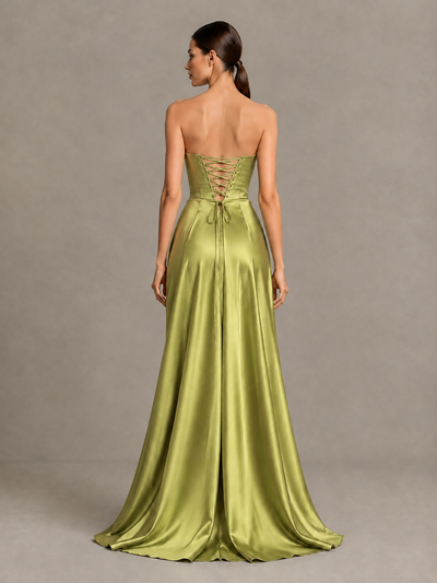 BOLODOO Chartreuse Strapless Satin High-Slit Lace-Up Prom Dress - Chartreuse - Chartreuse_2