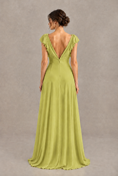 BOLODOO Chartreuse V-Neck Flutter Sleeve A-Line Bridesmaid Dress - Chartreuse - Chartreuse_2