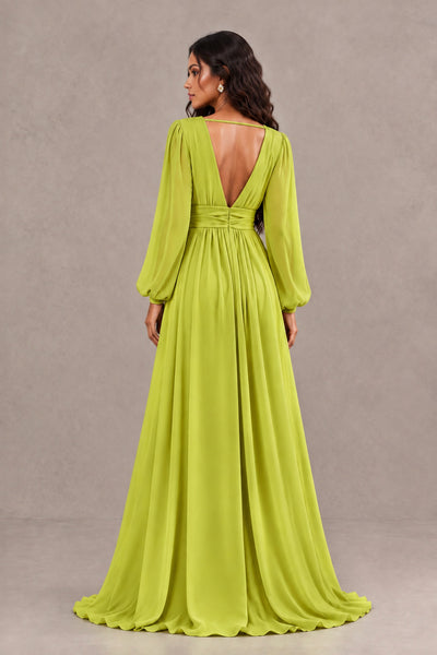 BOLODOO Chartreuse Long Sleeve V-Neck A-Line Gown with Open Back & Slit - Chartreuse - Chartreuse_2