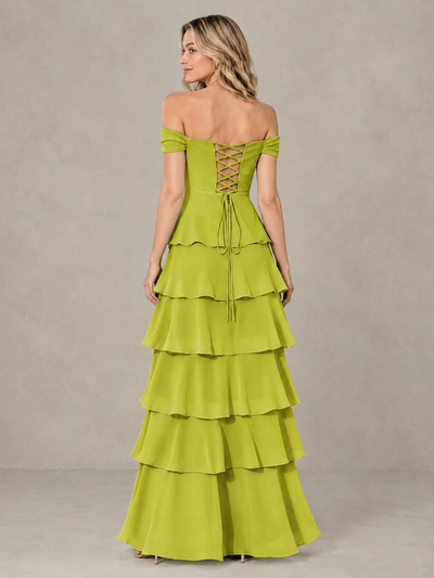 BOLODOO Chartreuse Off-Shoulder Tiered Ruffle Bridesmaid Dress with Lace-Up Back - Chartreuse - Chartreuse_2