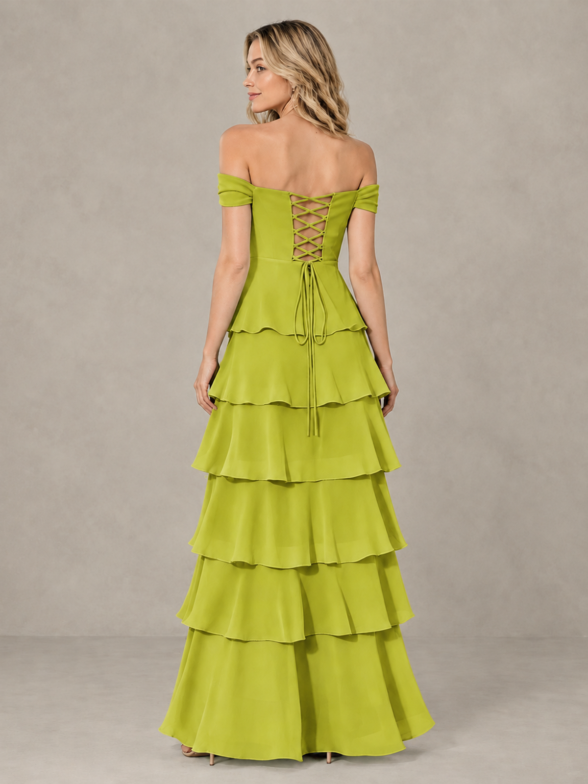 BOLODOO Chartreuse Off-Shoulder Tiered Ruffle Bridesmaid Dress with Lace-Up Back - Chartreuse - Chartreuse_2