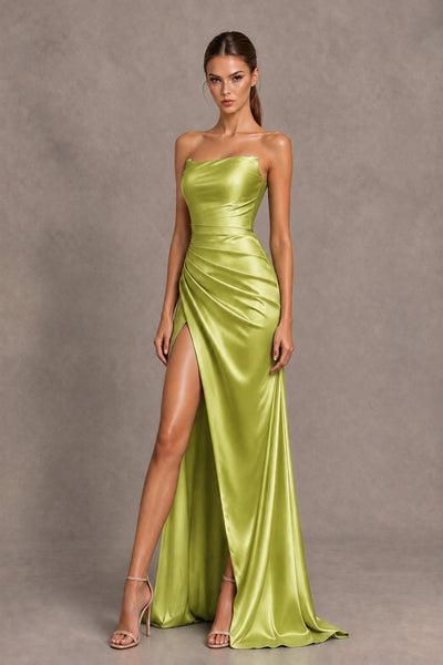 BOLODOO Chartreuse Strapless Ruched Satin-Look Evening Dress with High Slit - Chartreuse - Chartreuse_2