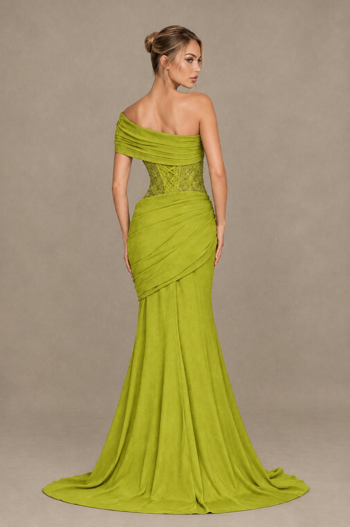 BOLODOO Chartreuse One-Shoulder Sequin Embroidered Ruched Mermaid Gown with Train - Chartreuse - Chartreuse_2