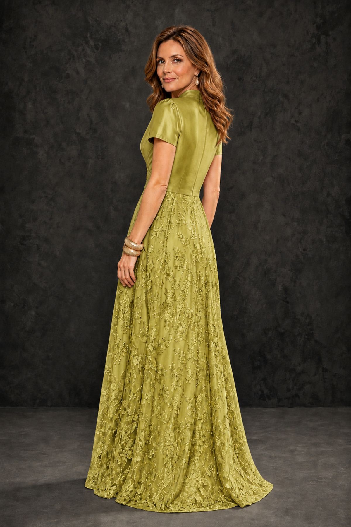 BOLODOO Chartreuse Satin Wrap V-Neck Short Sleeve Lace Glitter A-Line Floor Length Evening Gown – Formal Dress - Chartreuse - Chartreuse_2